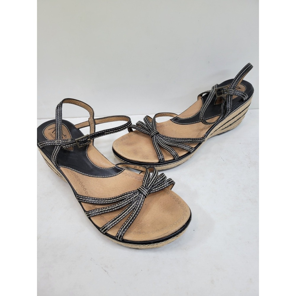 Clarks Artisan Sz Medium Black Leather Espadrille Wedge Sandals Womens...